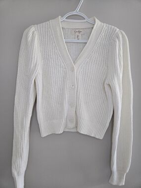 Jessica Simpson White V-Neck Button Cardigan With Floral Button Detail (New)